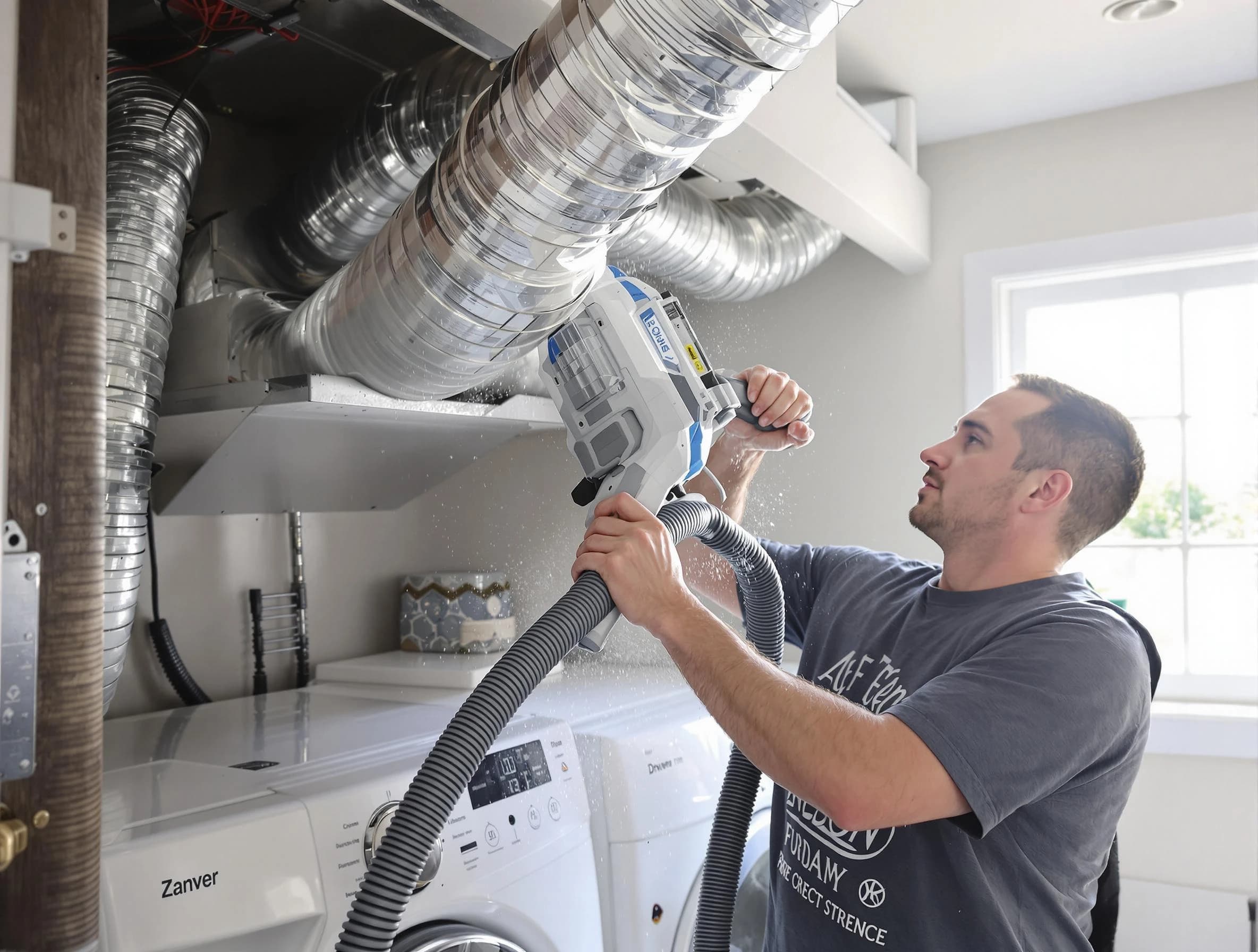 Wilkinsburg Dryer Vent Cleaning specialist cleaning deep within a dryer vent duct system in Wilkinsburg