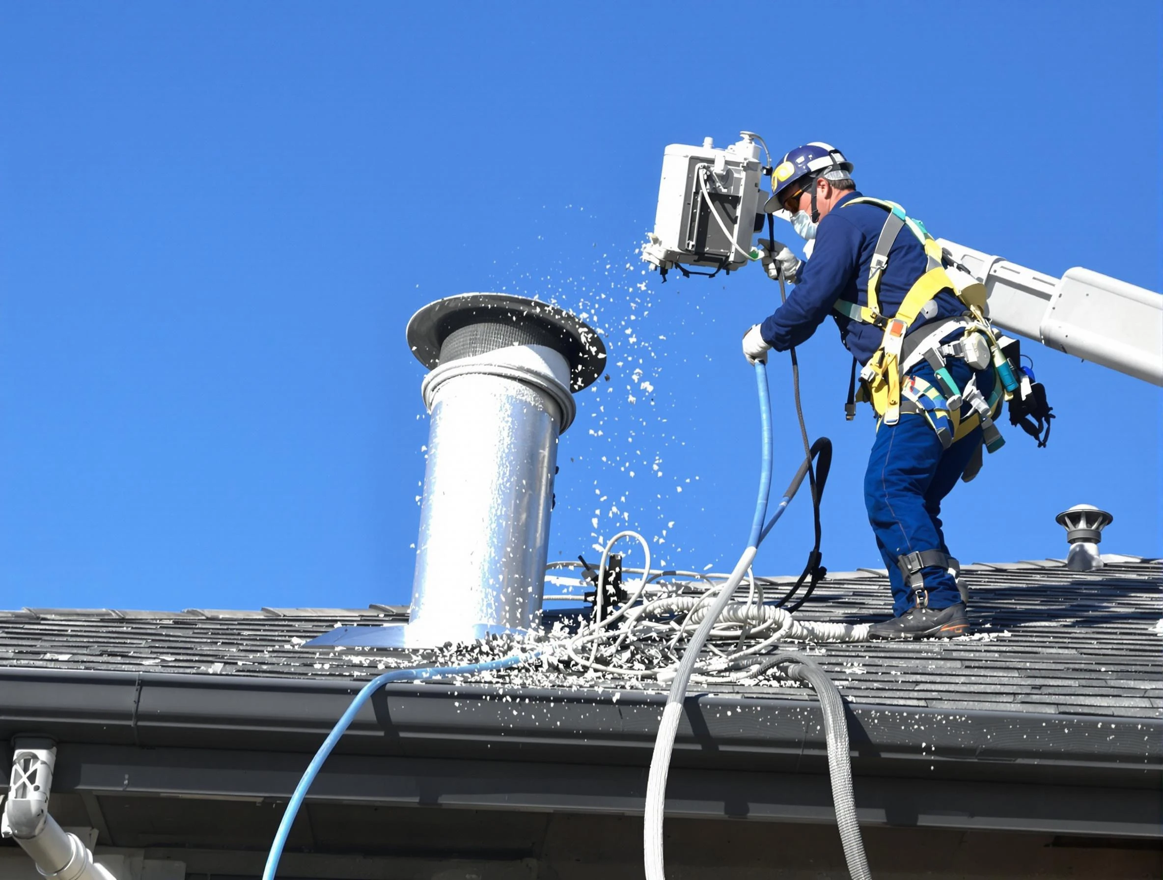 Wilkinsburg Dryer Vent Cleaning certified technician safely cleaning a roof-mounted dryer vent in Wilkinsburg