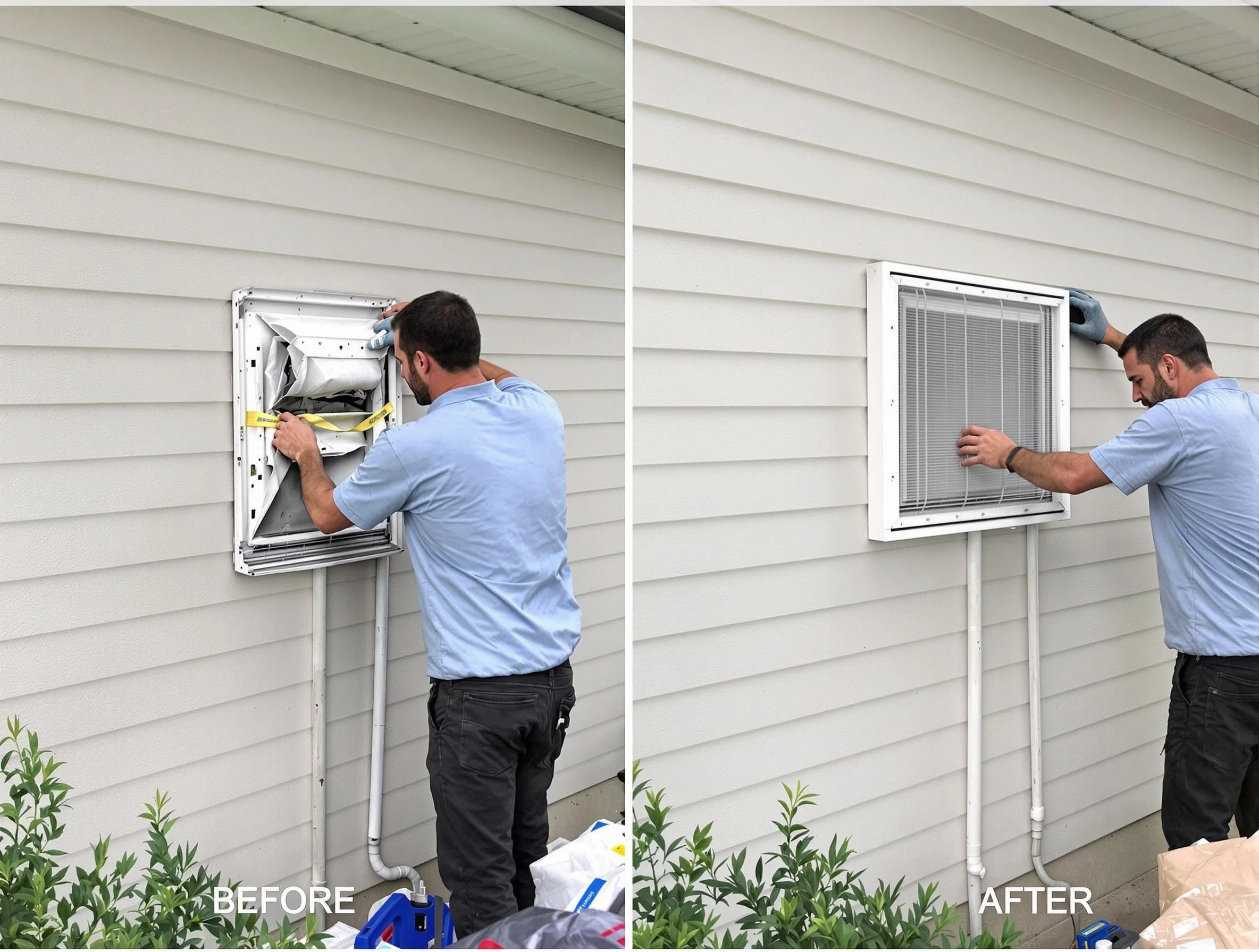 Wilkinsburg Dryer Vent Cleaning technician installing high-quality dryer vent cover at a residential property in Wilkinsburg